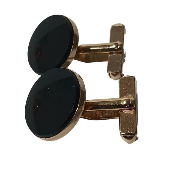 Vintage Swank Cufflinks Gold Tone Round Black Onyx Stone Signed - Picture 8 of 8